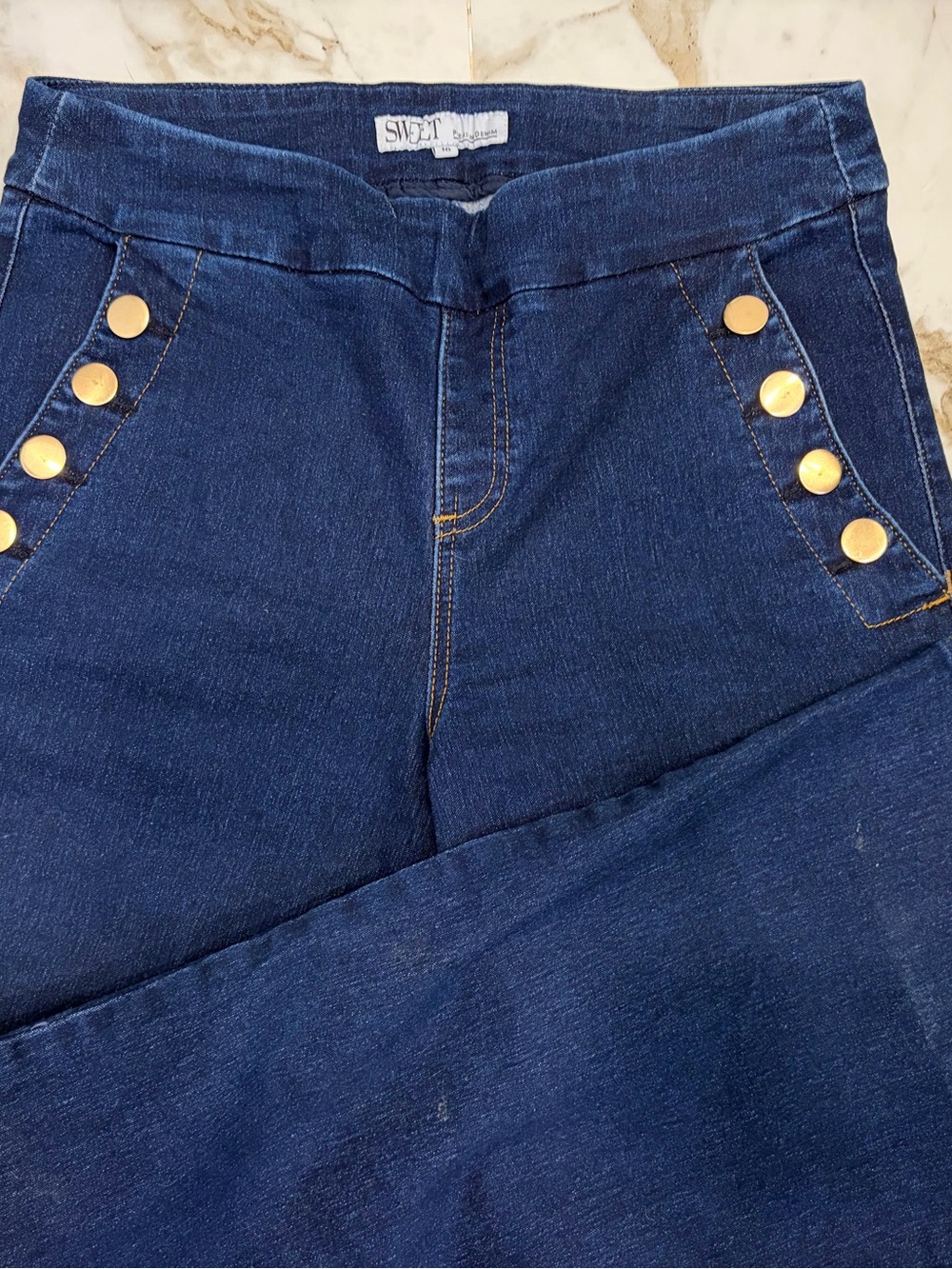 Denim High-Waist Navy Blue Jeans with Gold Buttons